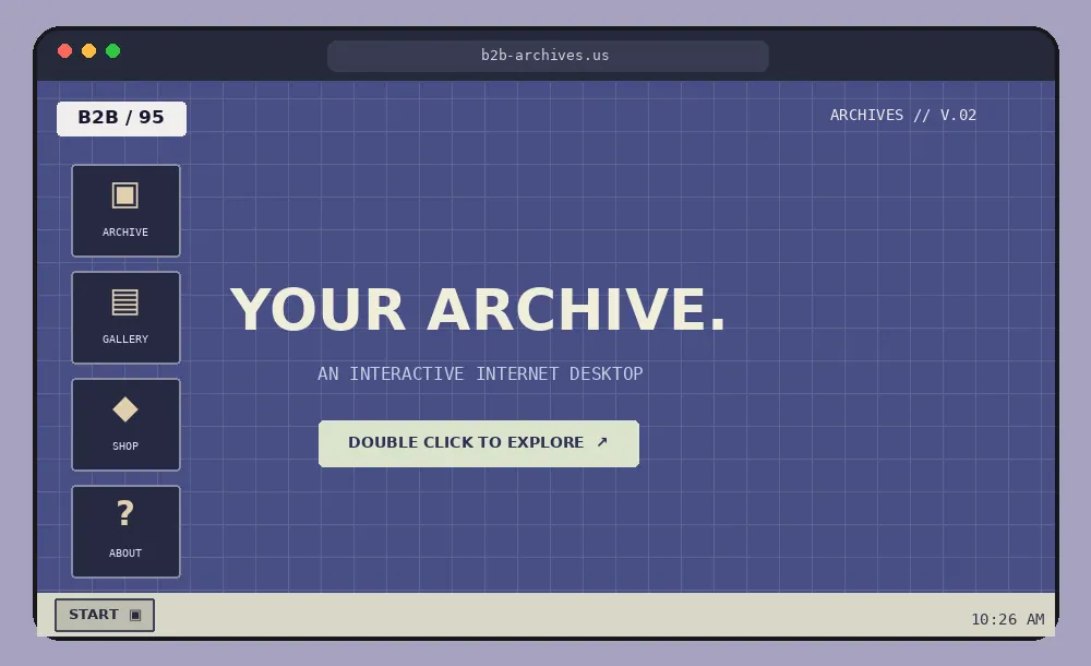 Animated concept of B2B Archives showing its retro desktop, archive windows, and storefront