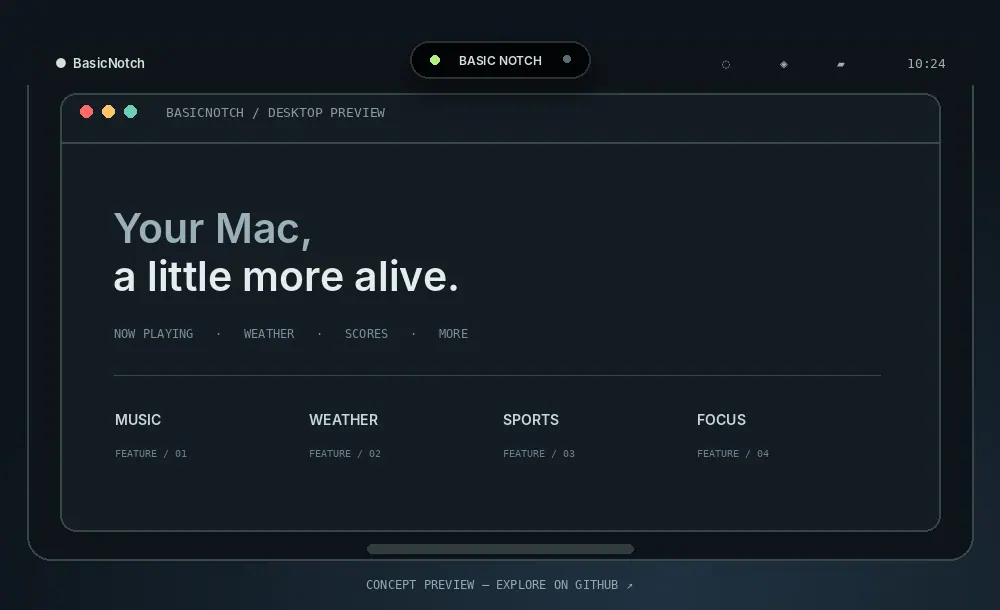 Animated concept of Basic Notch, showing a MacBook notch expanding into music, weather and sports widgets