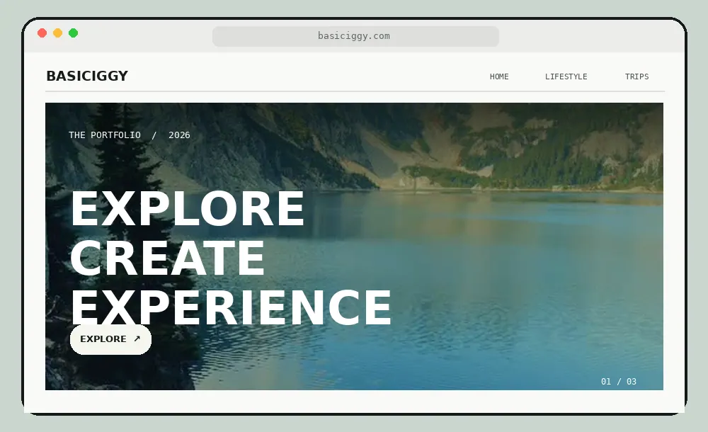 Animated concept of the Basiciggy photography homepage, adventure galleries, and site navigation